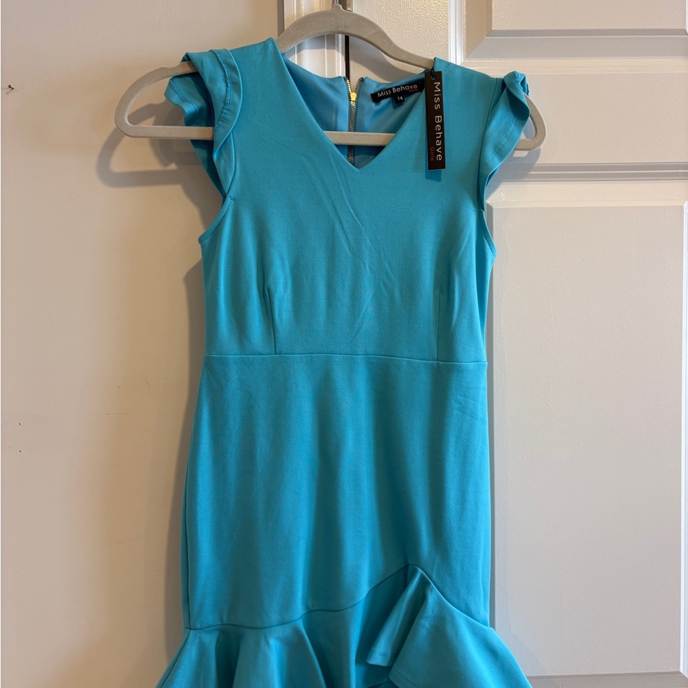 Chic Turquoise Kids Dress with Ruffle Hem - Picture 2 of 3